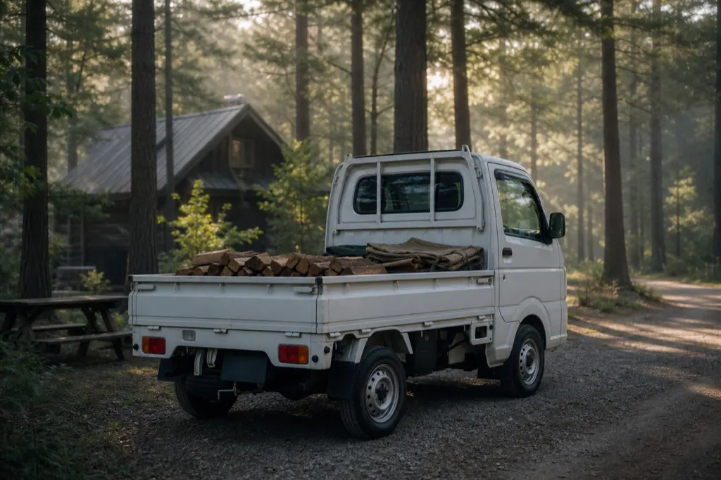 White kei truck stacked with split firewood on a gravel road at a forest campground