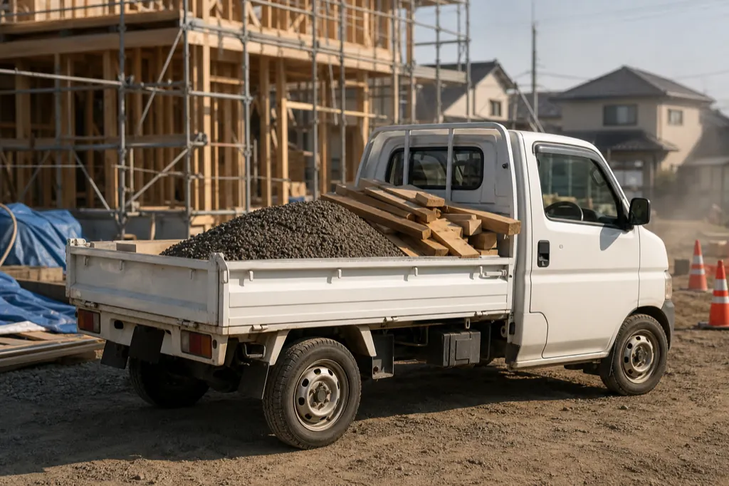 White kei truck loaded with gravel and lumber at a residential construction site