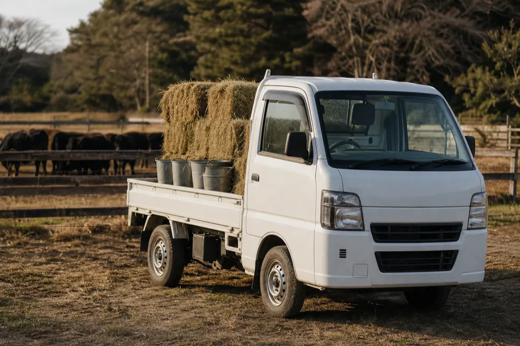 White kei truck loaded with hay bales and feed buckets beside a cattle pasture