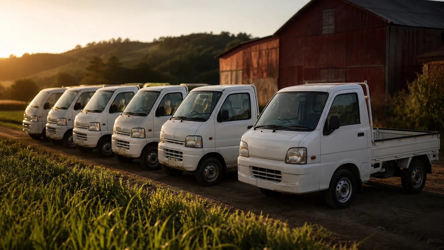 A row of white Japanese kei trucks parked along a dirt farm lane at sunset