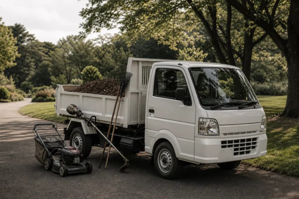 White kei truck with a dump bed full of mulch parked on a lawn path with landscaping tools