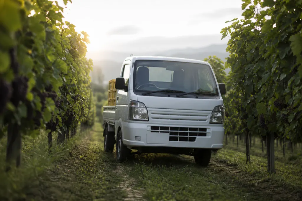 White kei truck carrying harvest crates down a narrow row between trellised grapevines