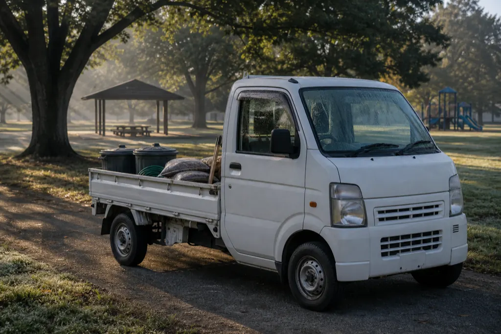 White kei truck carrying trash bins and grounds supplies on a park service path
