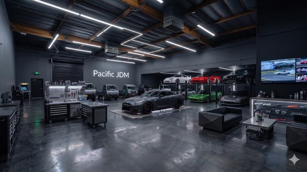 Pacific JDM Imports showroom featuring Japanese performance vehicles and kei trucks