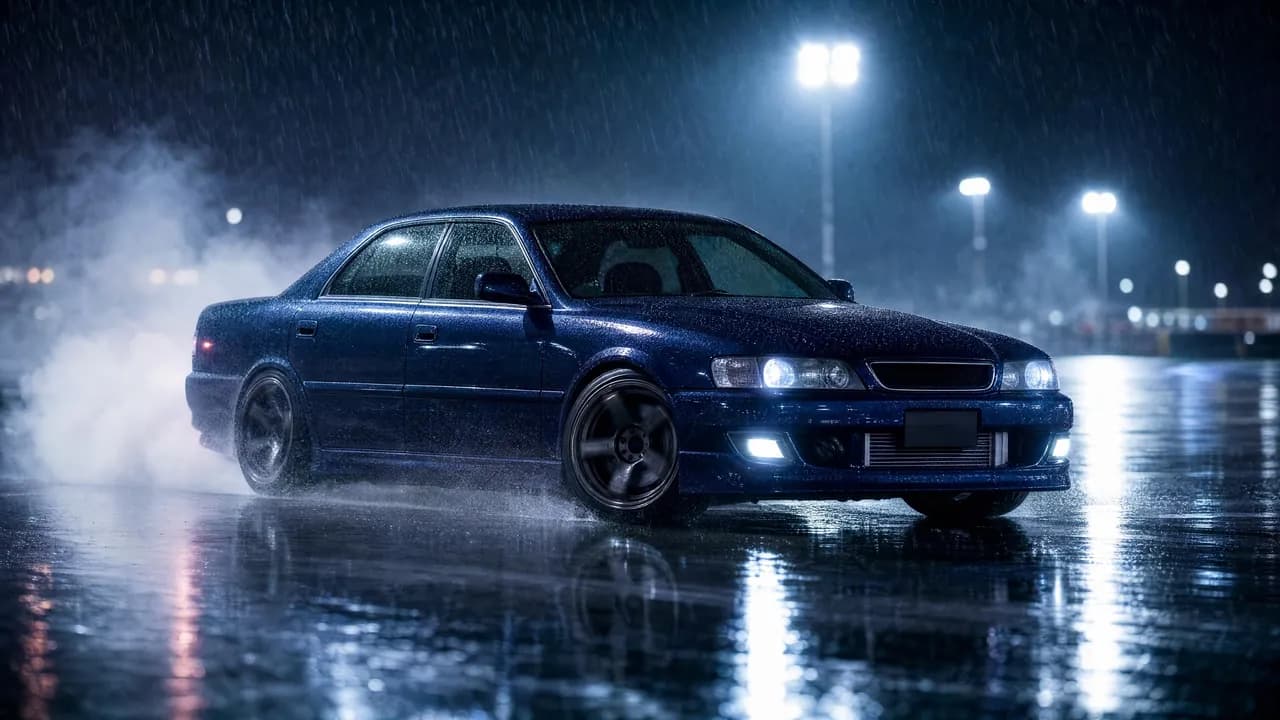 Japanese sedan drifting in the rain