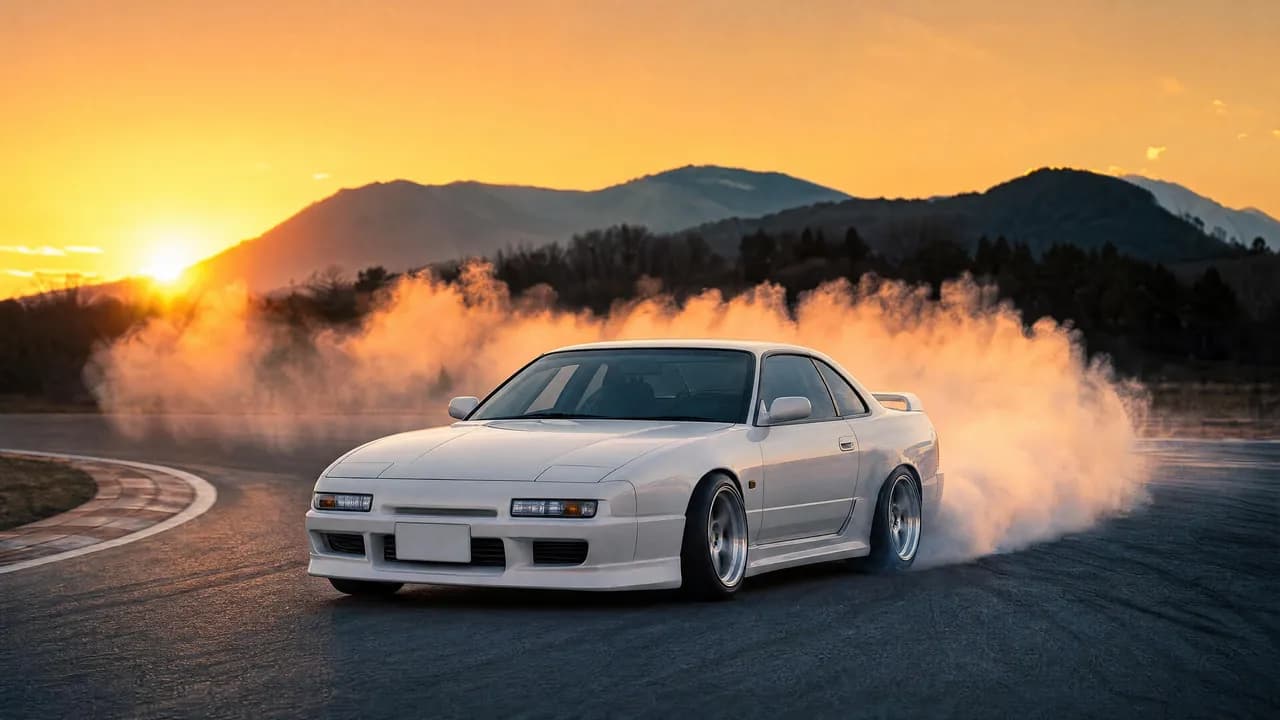 Drift car sideways in tire smoke at sunset