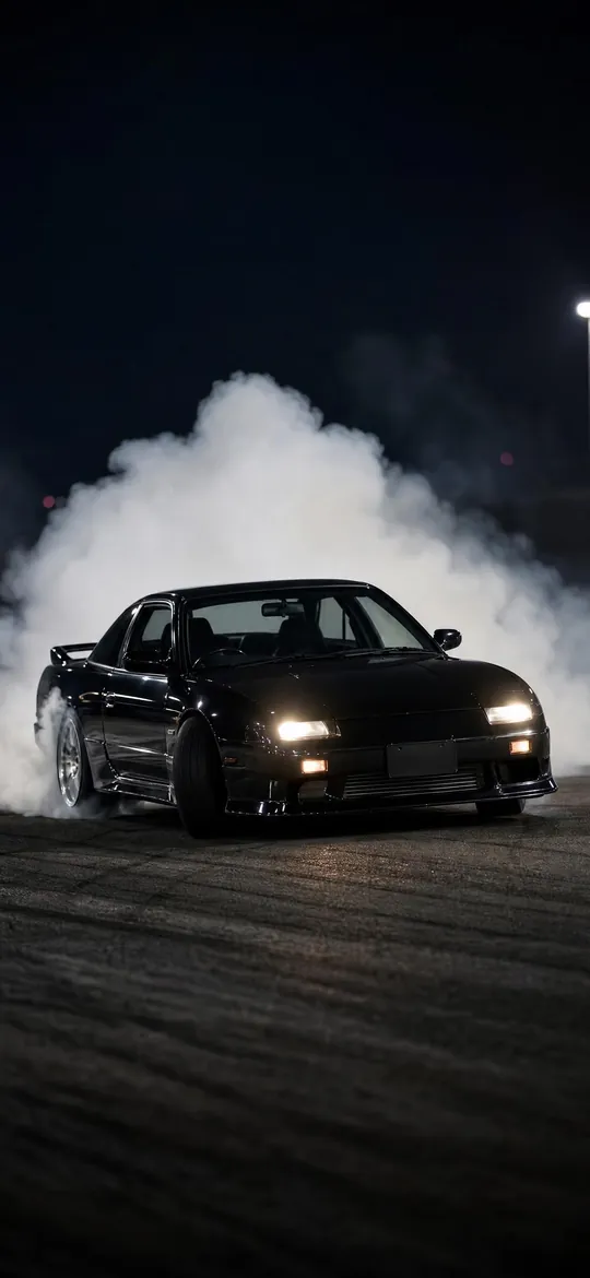 Drift car disappearing into tire smoke, phone wallpaper
