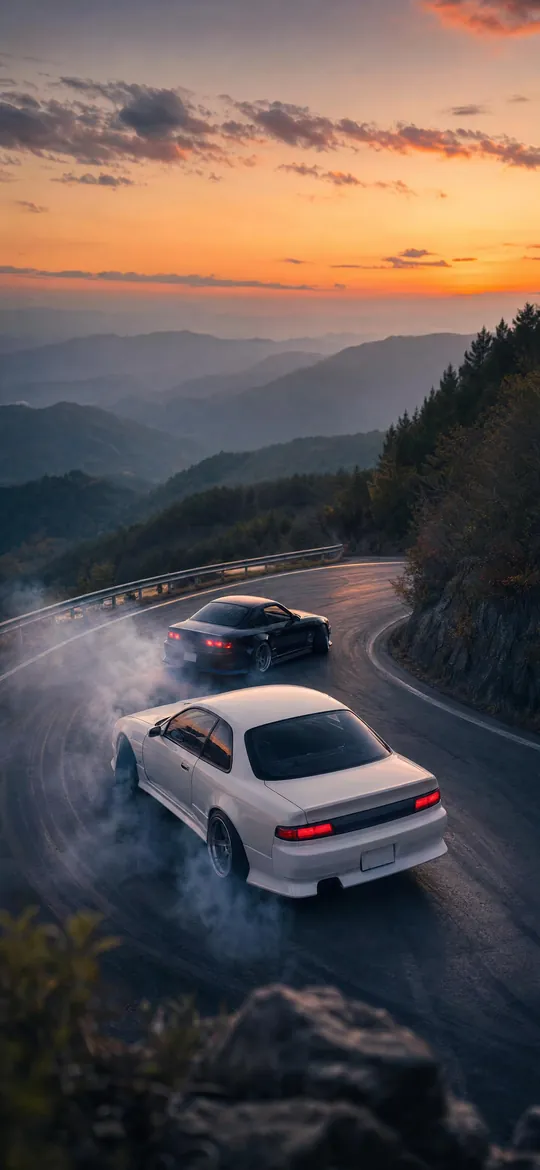 Tandem drift cars from above, phone wallpaper