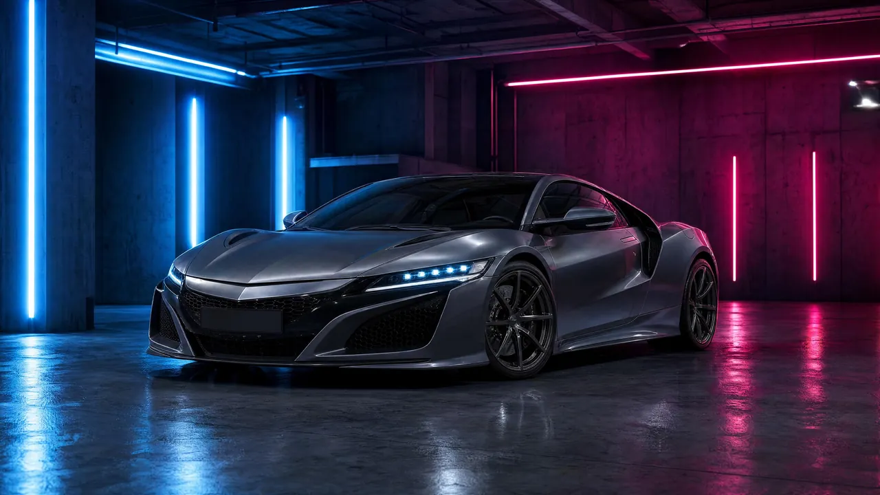 Grey second-generation Honda NSX under neon