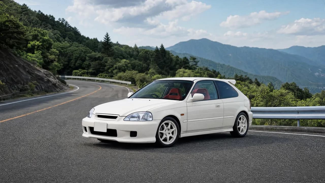White Honda Civic Type R EK9 on a mountain road