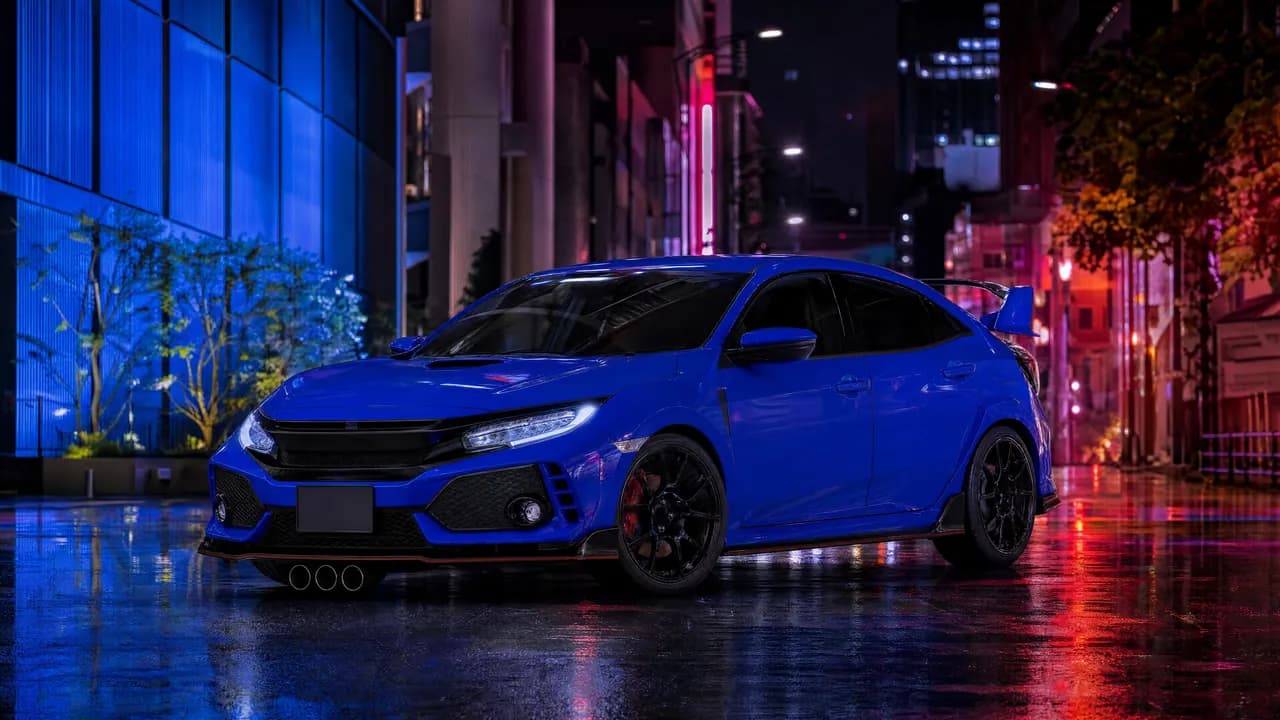 Blue Honda Civic Type R FK8 in neon city light