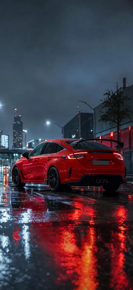 Red Honda Civic Type R at night, phone wallpaper
