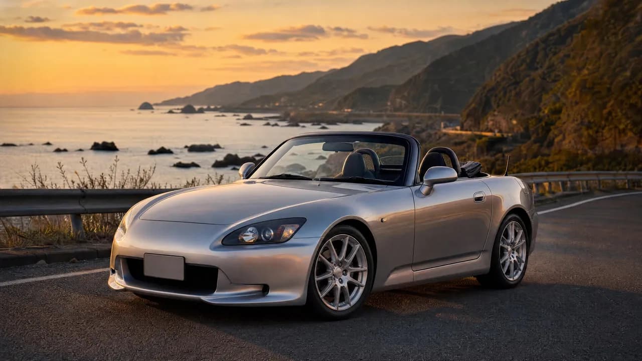 Silver Honda S2000 on a coastal road