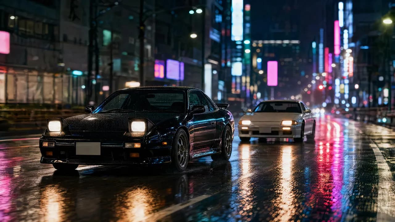 JDM cars on a neon-lit Tokyo street in the rain