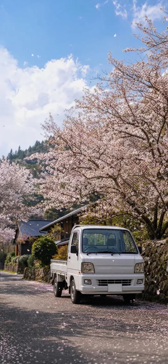 Kei truck under cherry blossoms, phone wallpaper
