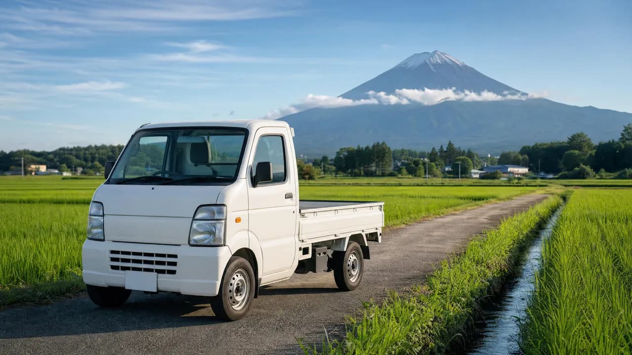 White Japanese kei truck on a rice field road with Mount Fuji