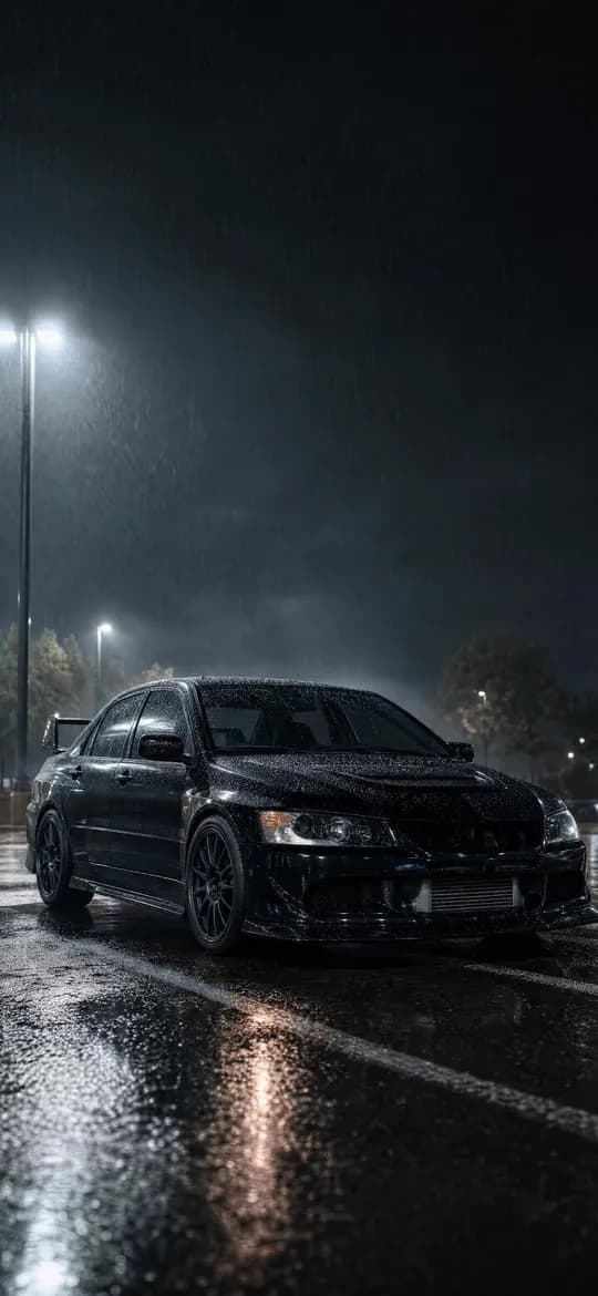 Lancer Evo IX in the rain, phone wallpaper