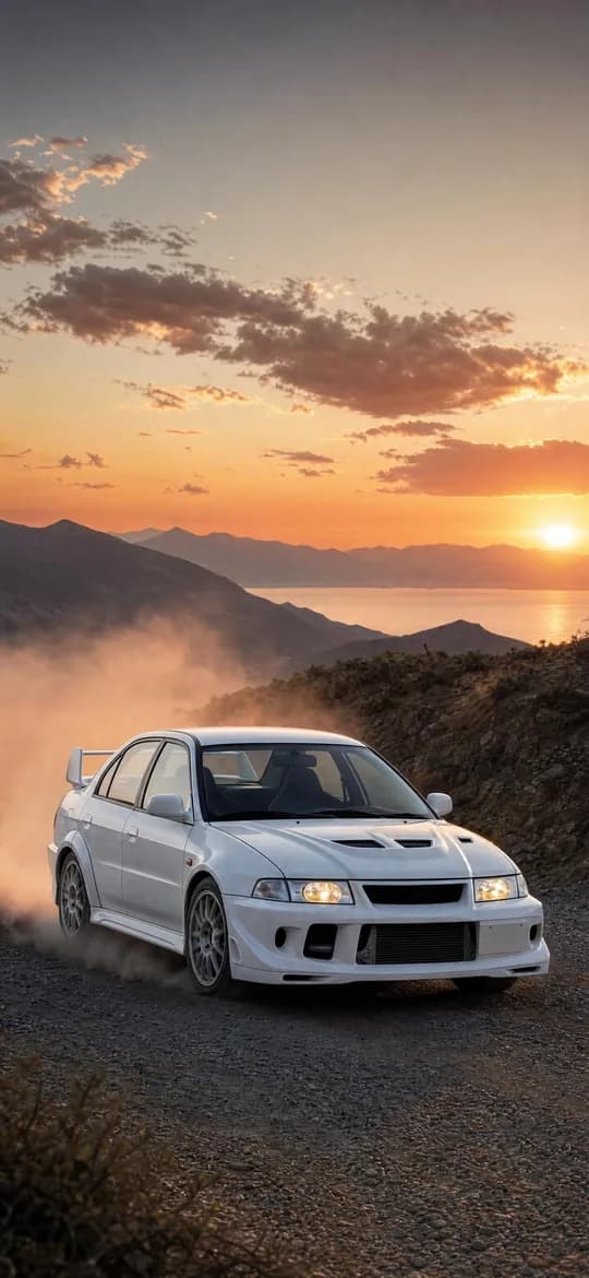 Lancer Evo VI on a gravel road, phone wallpaper