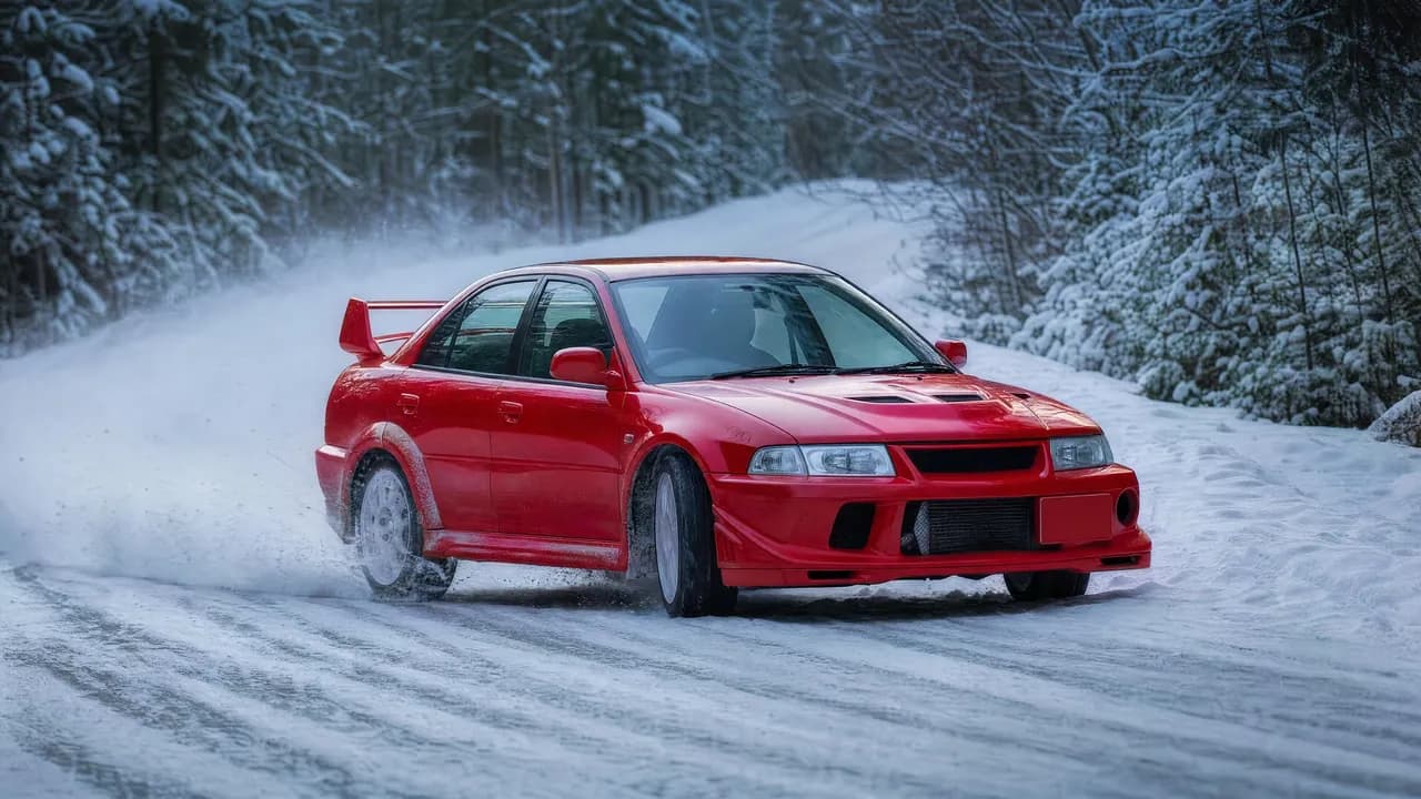 Red Lancer Evo VI on a snowy rally road