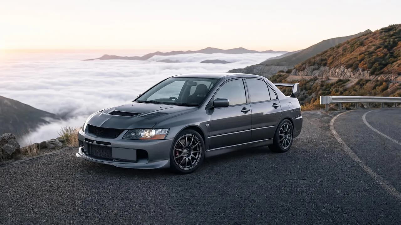 Grey Lancer Evo VIII on a mountain pass