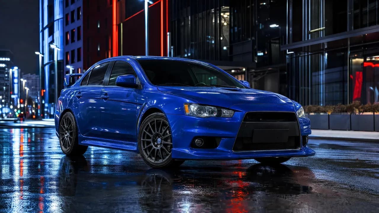 Blue Lancer Evo X in a neon city at night