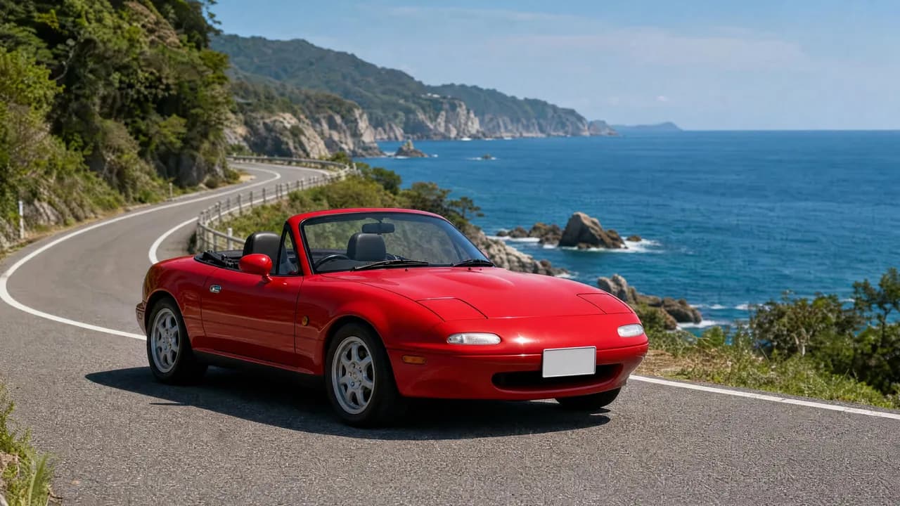 Red Mazda Miata NA on a coastal road