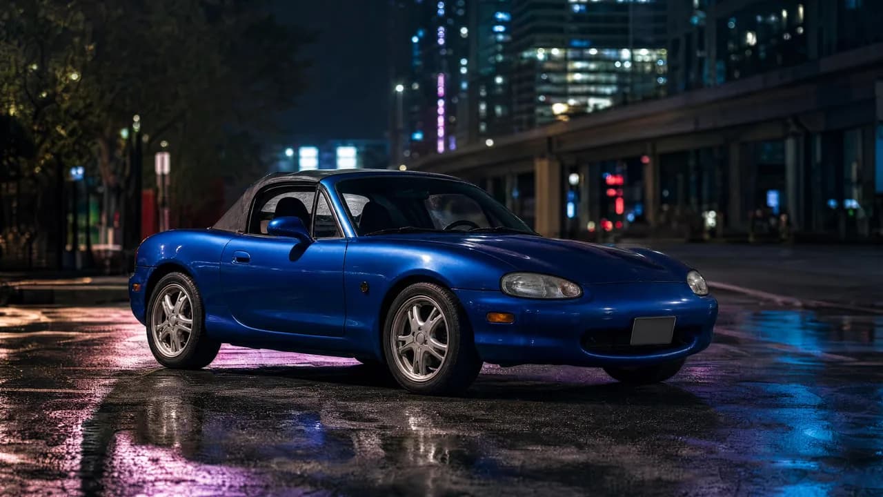 Blue Mazda Miata NB under city neon at night