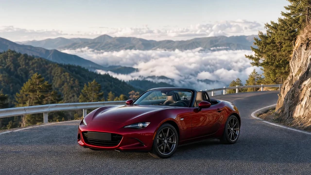 Soul Red Mazda Miata ND on a mountain pass