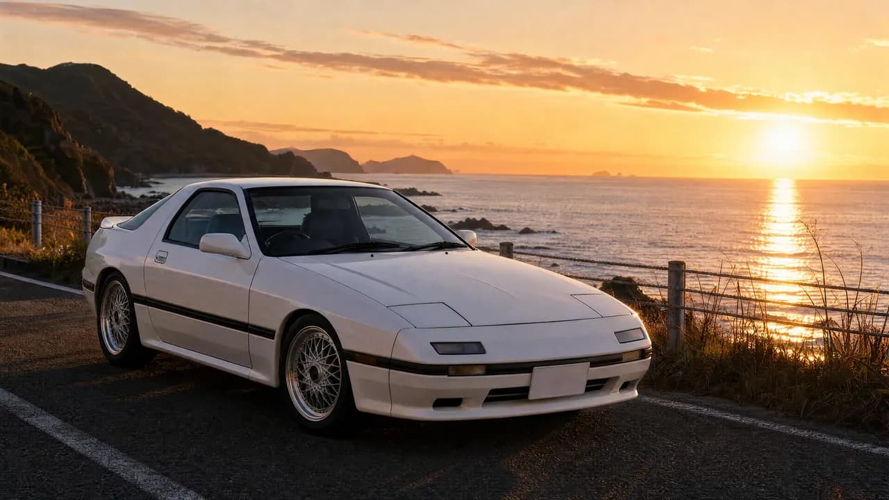 White Mazda RX-7 FC on a coastal road at sunset