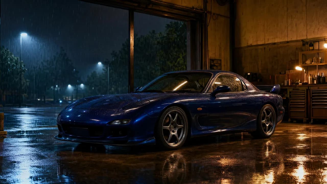 Dark blue Mazda RX-7 FD in a garage with rain outside