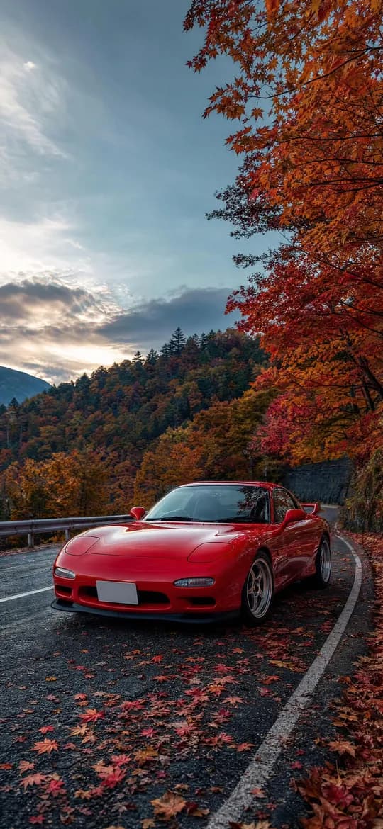 Red Mazda RX-7 FD in autumn mountains, phone wallpaper