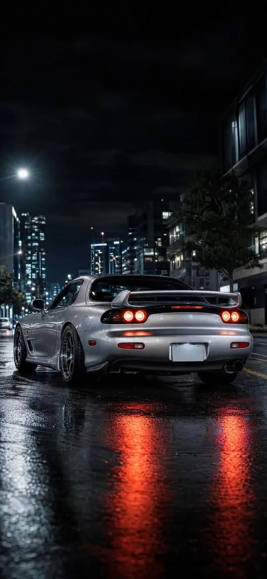 Silver Mazda RX-7 FD in the city at night, phone wallpaper