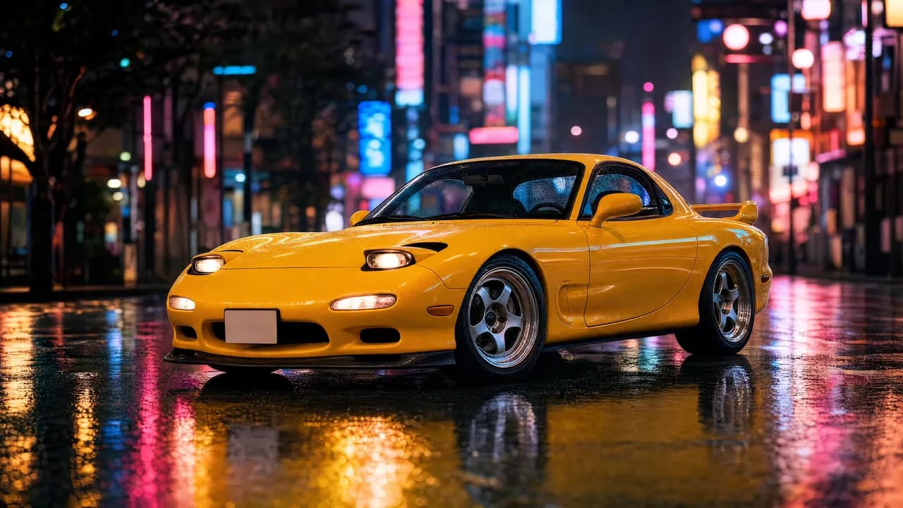 Yellow Mazda RX-7 FD in neon Tokyo at night