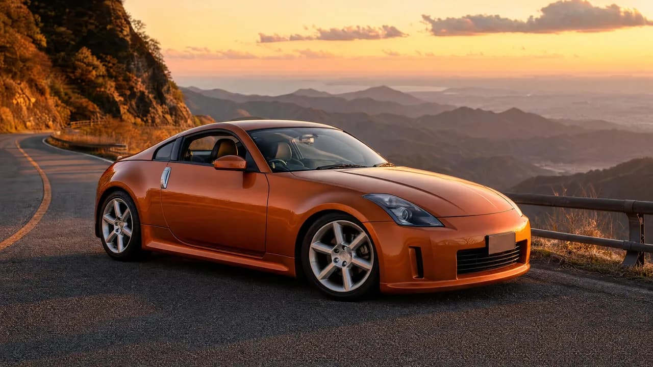 Orange Nissan 350Z on a mountain road