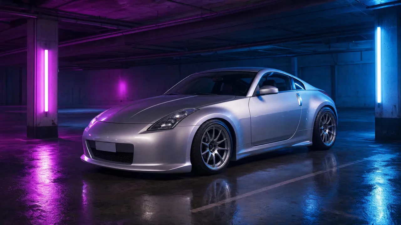 Silver Nissan 350Z in a neon-lit parking garage