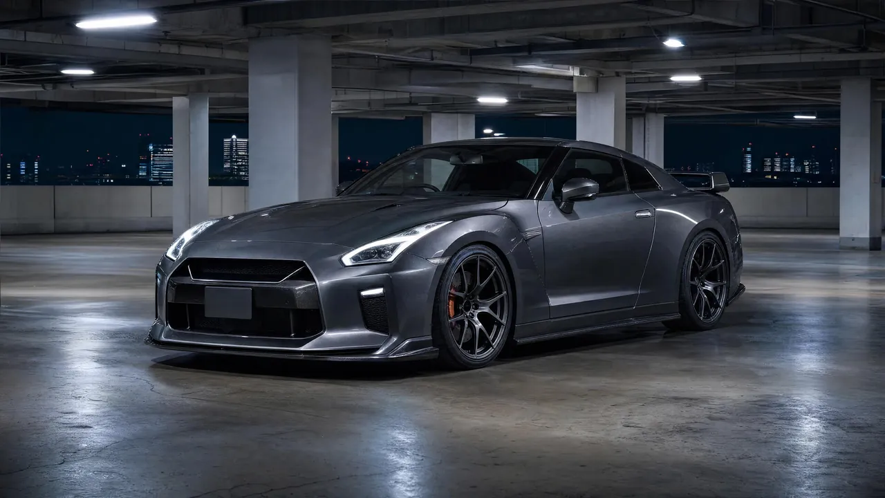 Gunmetal Nissan GT-R R35 in a Tokyo parking garage at night