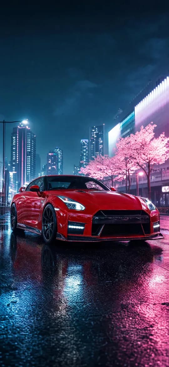 Red Nissan GT-R R35 in neon rain, phone wallpaper