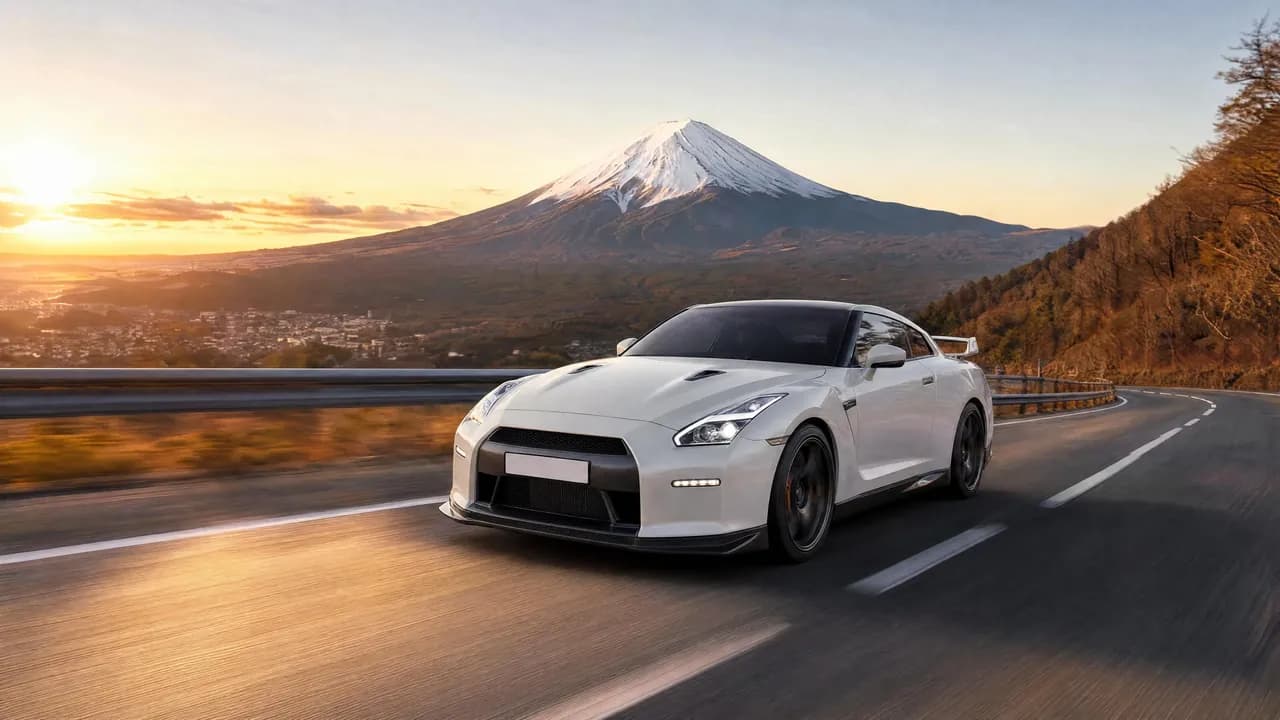 Pearl white Nissan GT-R R35 on a mountain road with Mount Fuji at sunrise