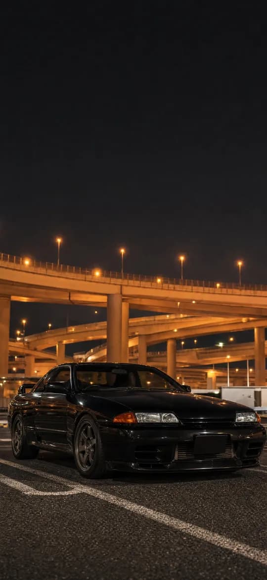 R32 Skyline GT-R at Daikoku parking area at night, phone wallpaper