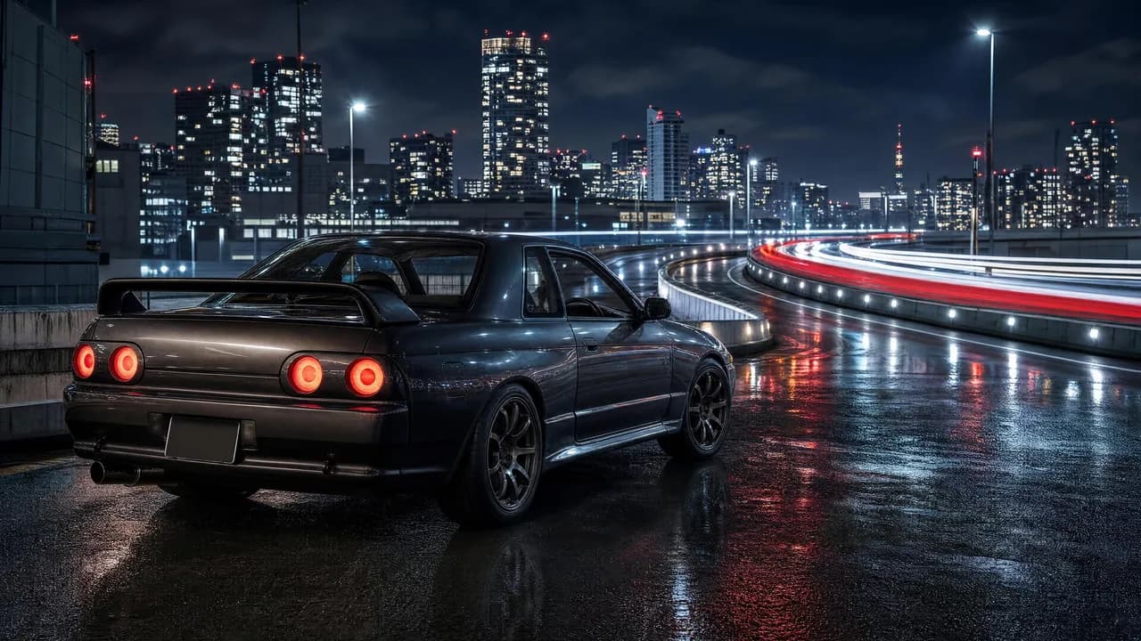 Gunmetal R32 Skyline GT-R on a Tokyo expressway at night