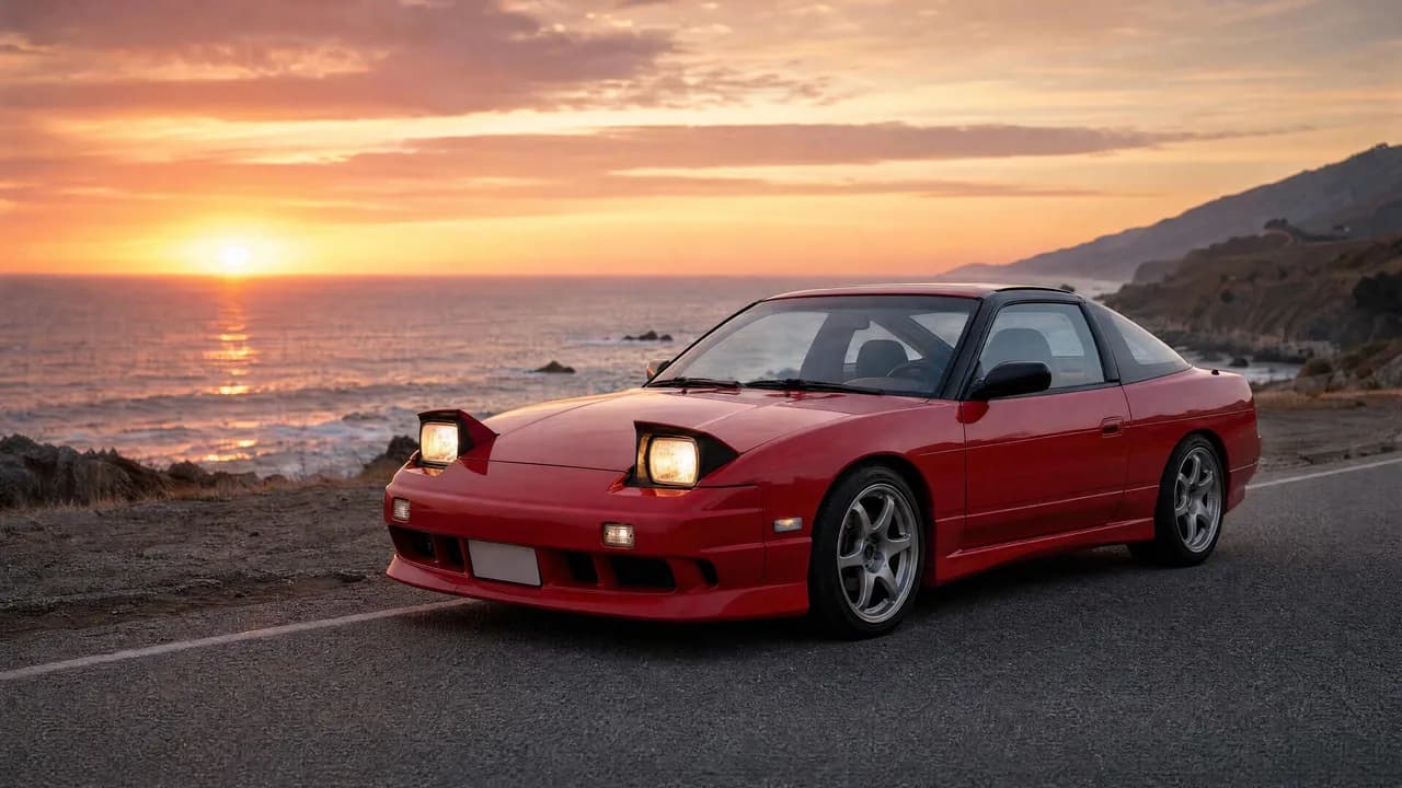 Red Nissan 180SX with pop-up headlights at sunset