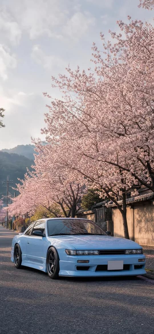 Nissan 240SX S13 under cherry blossoms, phone wallpaper