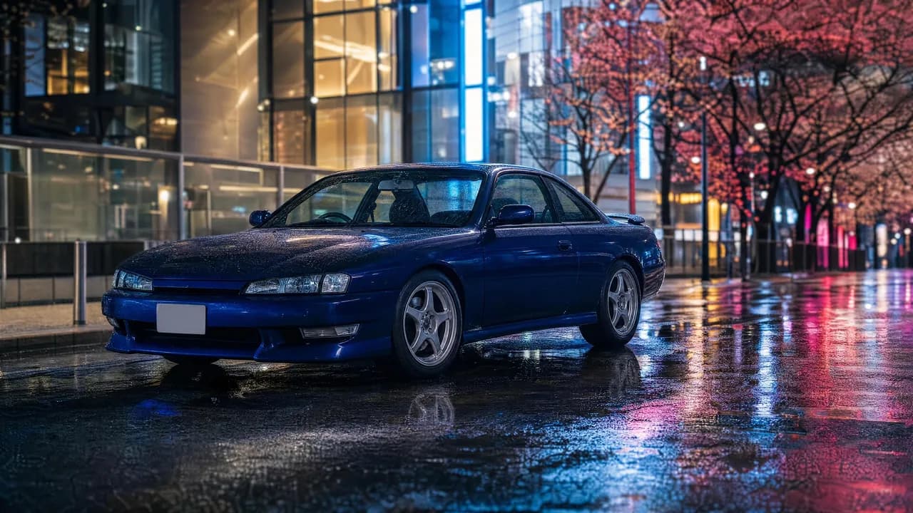 Dark blue Nissan Silvia S14 on a Tokyo street at night