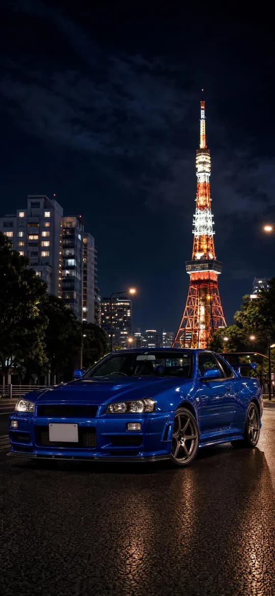Bayside Blue R34 Skyline GT-R with Tokyo Tower behind, phone wallpaper