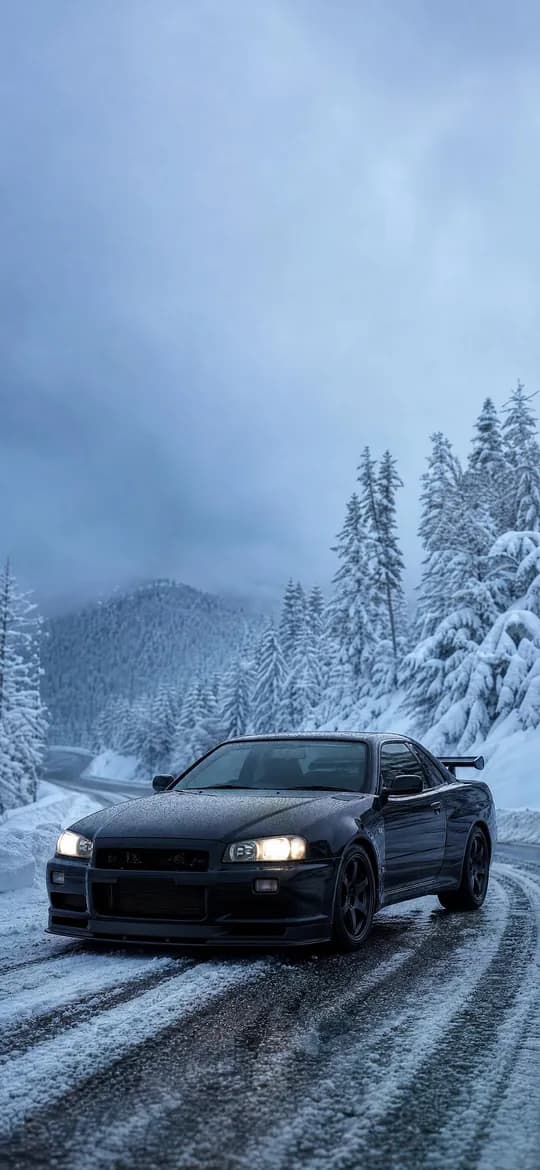 Black R34 Skyline GT-R on a snowy mountain road, phone wallpaper