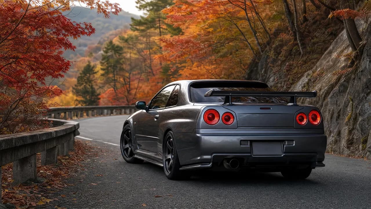 R34 Skyline GT-R quad taillights on an autumn mountain pass
