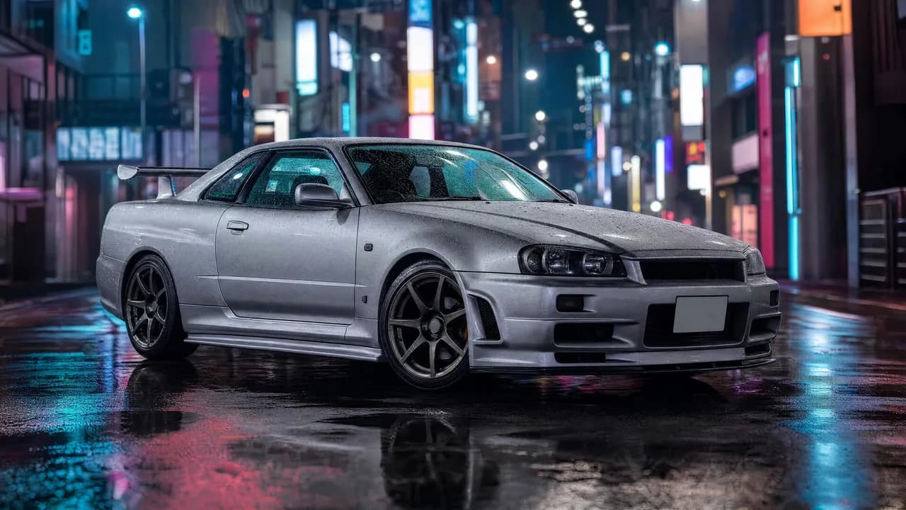 Silver R34 Skyline GT-R on a neon Tokyo street in the rain