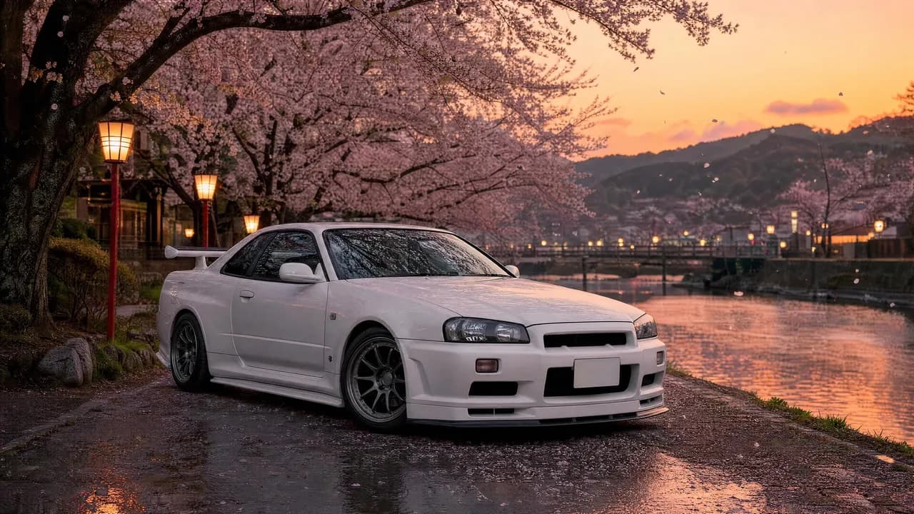 White R34 Skyline GT-R under cherry blossoms at dusk