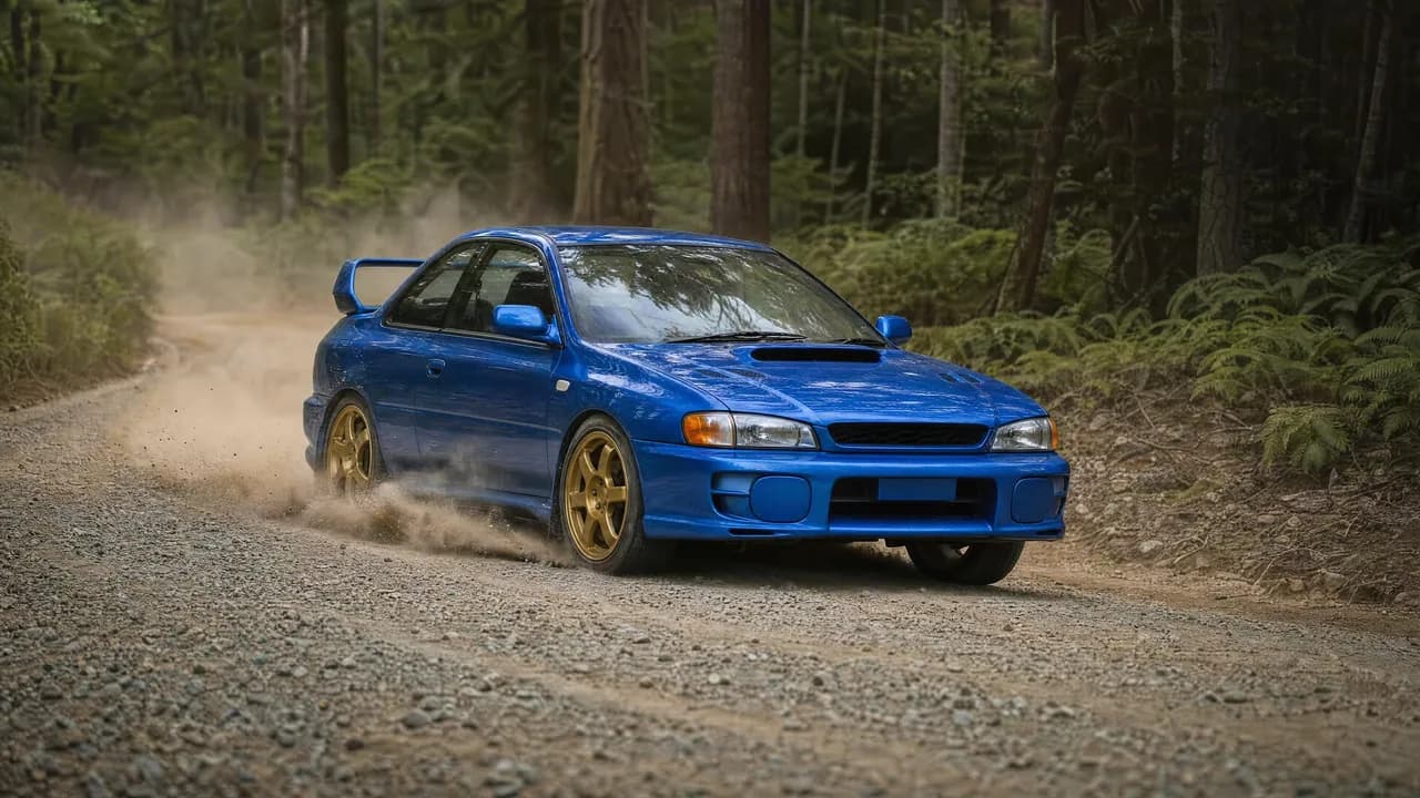 Blue Subaru Impreza WRX STI GC8 on a gravel forest road