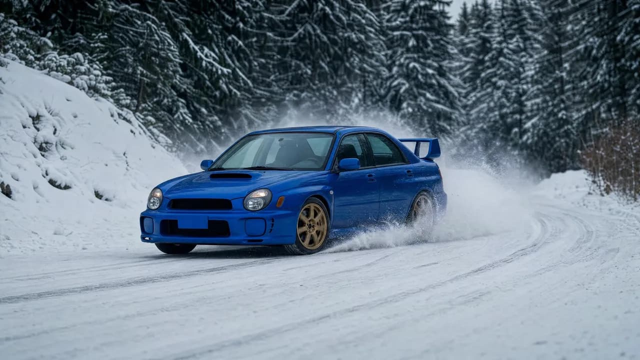 Blue Subaru WRX STI GDB in the snow